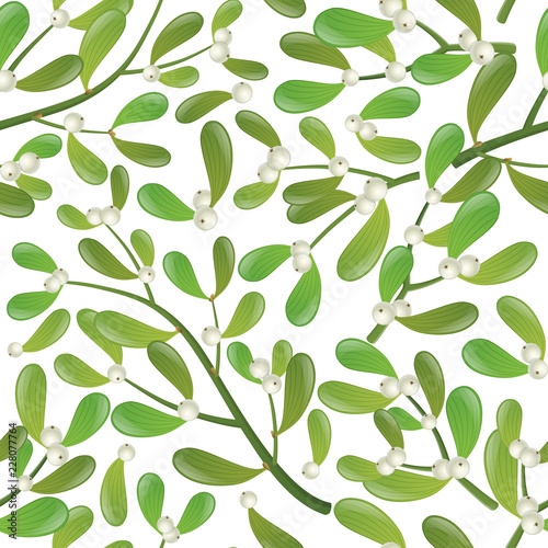 Mistletoe berry with green leaf, seamless pattern. Vector illustration isolated on white, for background texture and pattern, or other winter and nature related design
