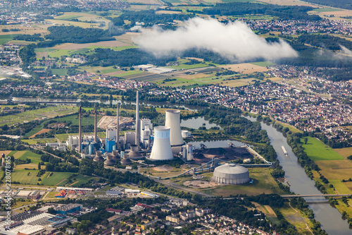 aerial of Grosskrotzenburg power station, Main river, Germany