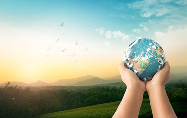 Earth Day concept with human hands holding globe over beautiful mountain forest landscape with birds flying in sky at sunset for environmental conservation and world protection