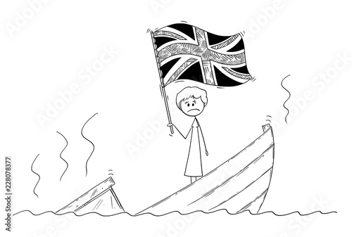 Cartoon stick drawing conceptual illustration of female or woman politician or prime minister standing depressed on sinking boat waving the flag of United Kingdom of Great Britain and Northern Ireland photo