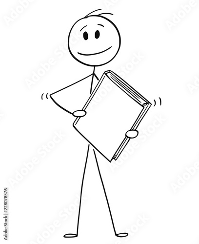 Cartoon stick drawing conceptual illustration of smiling man or businessman holding big book with blank cover.