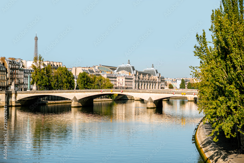 Landscape view of Seine river during the morning light in Paris
