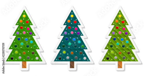 Set 4 of abstract geometric coniferous trees stickers decorated with colorful baubles. Three shades of green. Vector EPS 10