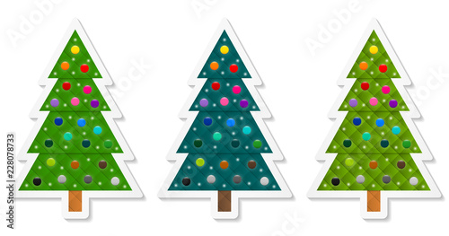 Set 5 of abstract geometric coniferous trees stickers decorated with colorful baubles. Three shades of green. Vector EPS 10