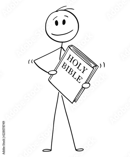 Cartoon stick drawing conceptual illustration of smiling man holding big holy bible book.