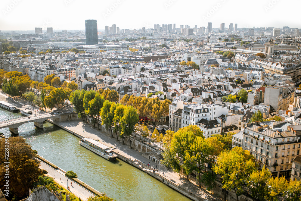 Fototapeta premium Aerial panoramic view of Paris from the Notre-Dame cathedral during the morning light in France