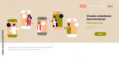 smartphone screen chat bubble mobile application communication concept speech dialogue indian man woman cartoon character portrait copy space horizontal flat vector illustration