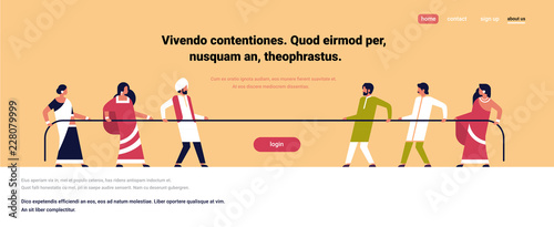 tug of war indian people team pulling opposite ends of rope against each other cartoon character full length indian man woman competition horizontal copy space flat vector illustration