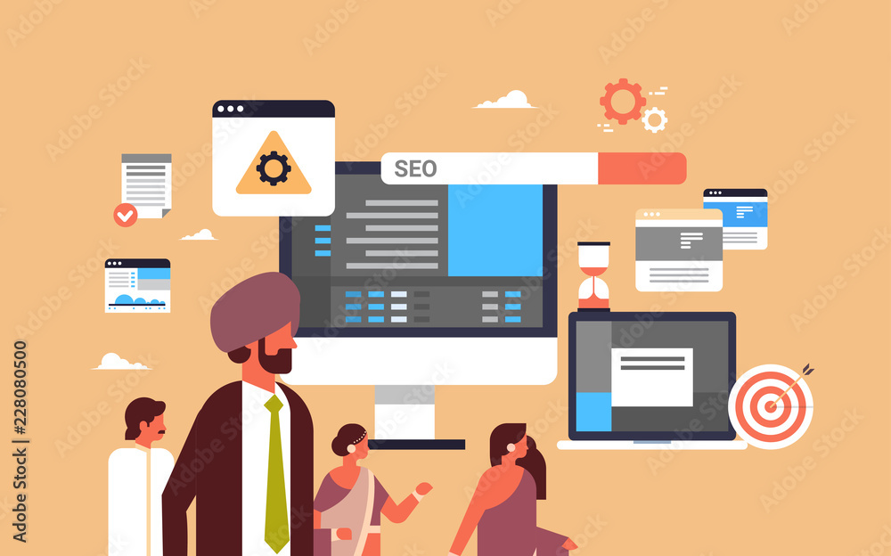 indian couple man woman monitoring seo search engine optimization internet searching concept flat horizontal vector illustration indian couple man woman monitoring seo search engine optimization internet searching concept flat horizontal vector illustration