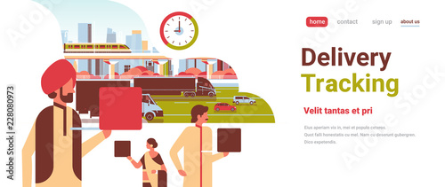indian business people using laptop fast delivery tracking service concept businessman woman logistic manager team flat horizontal copy space vector illustration