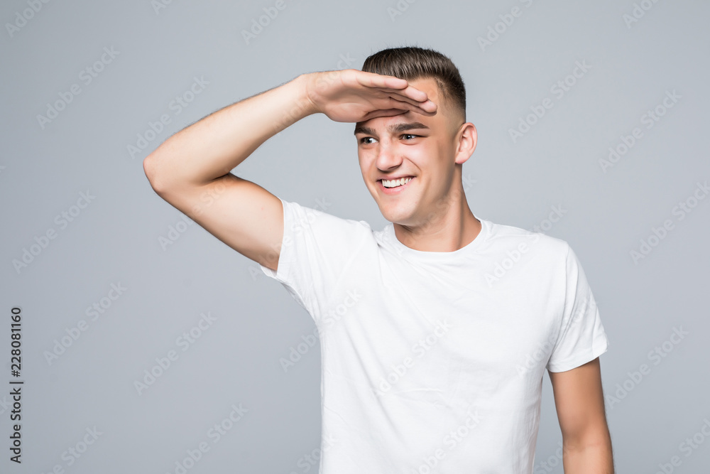 Looking forward with big expectations man on white background Looking forward with big expectations man on white background