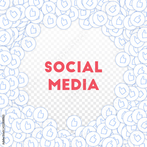 Social media icons. Social media marketing concept. Falling scattered thumbs up. Round random frame 