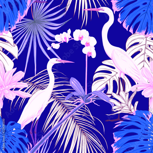 Seamless pattern, background. with tropical plants and flowers.