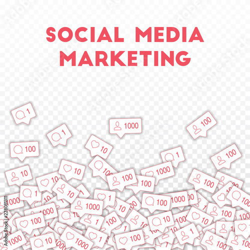 Social media icons. Social media marketing concept. Falling counter comment friend notification. Sca