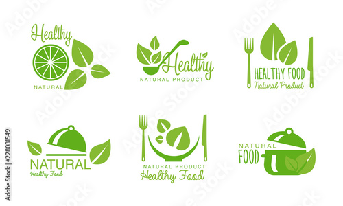 Healthy natural product logos set, green labels, badges for eco, organic, vegan, raw, healthy food vector Illustration on a white background