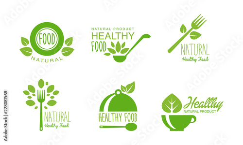 Healthy natural product logos set, green labels for eco, organic, vegan, raw, healthy food vector Illustration on a white background