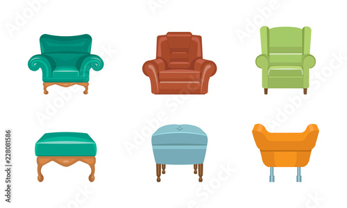 Chairs and armchairs set, colorful comfortable furniture vector Illustration on a white background