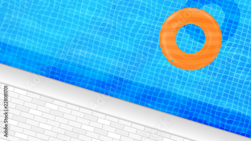 Swimming pool top view. Water background. Swim rings. Trendy. Inflatable rubber toy. Realistic summertime illustration. Summer vacation. Trip. Resort. Hotel. Top view swimming circles.