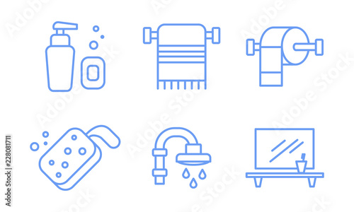 Bathroom icons set, soap dispenser, towel holder, sponge, shower, mirror and shelf linear symbols vector Illustration on a white background