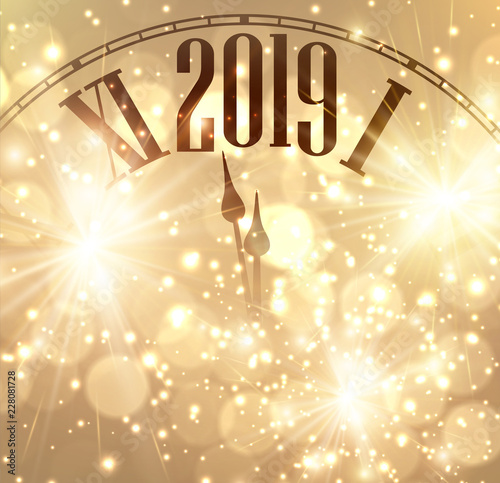 Gold bokeh New Year 2019 background with clock and lights.