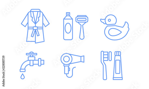 Bathroom icons set  bathrobe  razor  shaving gel  water tap  hairdryer  toothbrush and paste linear symbols vector Illustration on a white background
