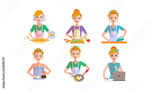 Woman daily routine set  girl in everyday life vector Illustration on a white background