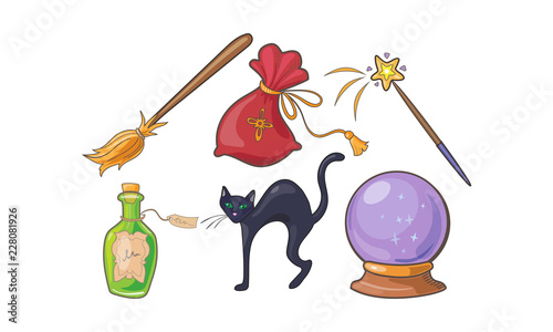 Magic and spell signs set, Halloween holiday magical elements, crystal ball, broom, potion bottle, black cat vector Illustration on a white background