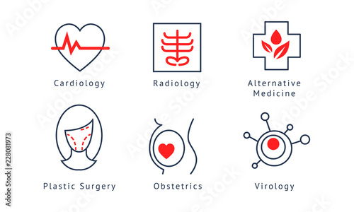 Medical specialization symbols set, cardiology, radiology, alternative medicine, plastic surgery, obstetrics, virology vector Illustration on a white background