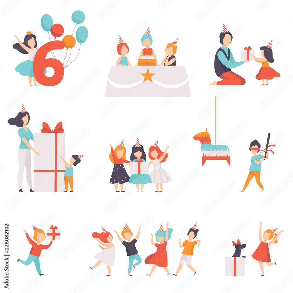 Cute little kids celebrating their birthday set, children having fun with their friends, recieving gifts vector Illustration on a white background Cute little kids celebrating their birthday set, children having fun with their friends, recieving gifts vector Illustration on a white background