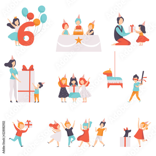 Cute little kids celebrating their birthday set, children having fun with their friends, recieving gifts vector Illustration on a white background © topvectors