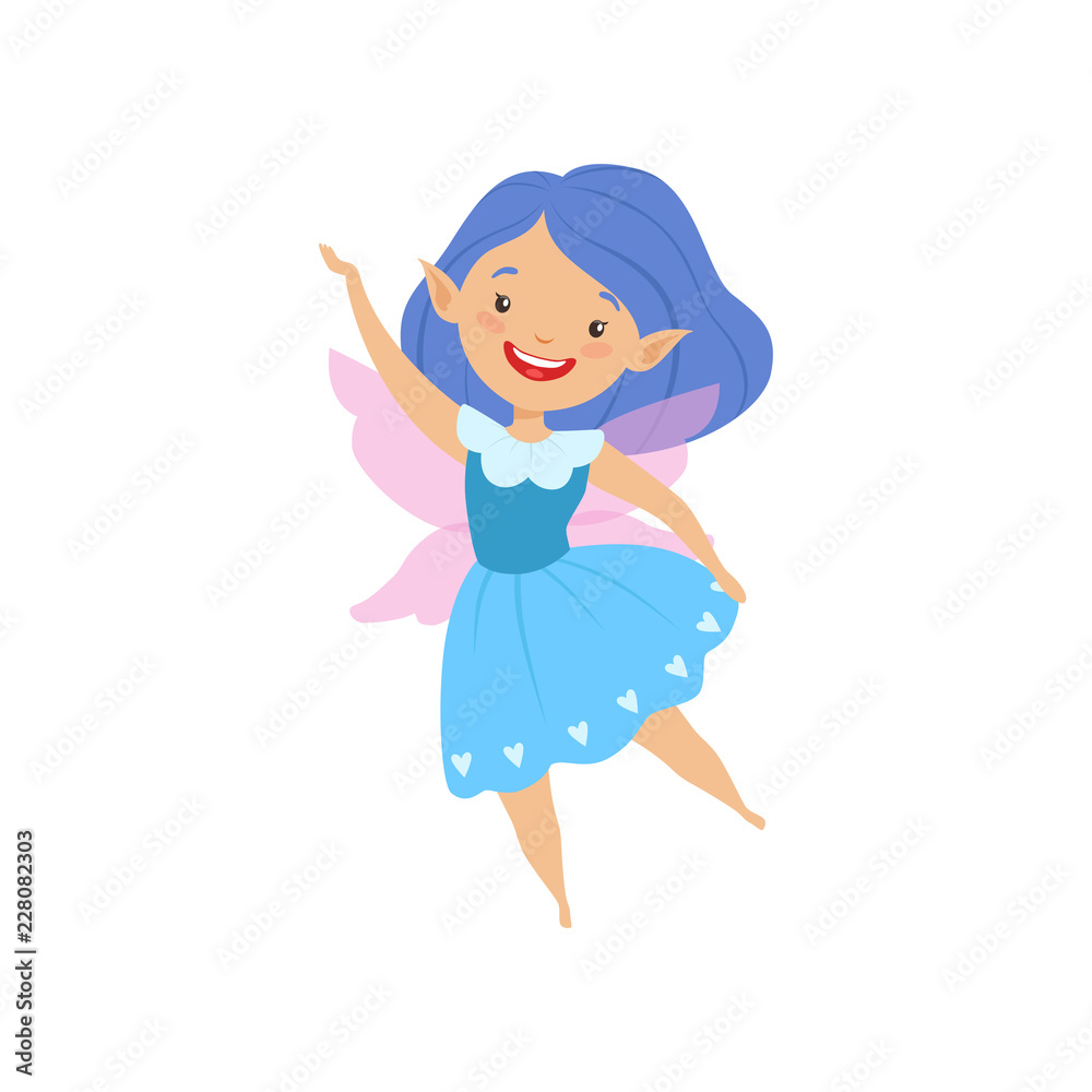 Cute beautiful little winged fairy, lovely girl with hair and dress in blue colors vector Illustration on a white background Cute beautiful little winged fairy, lovely girl with hair and dress in blue colors vector Illustration on a white background