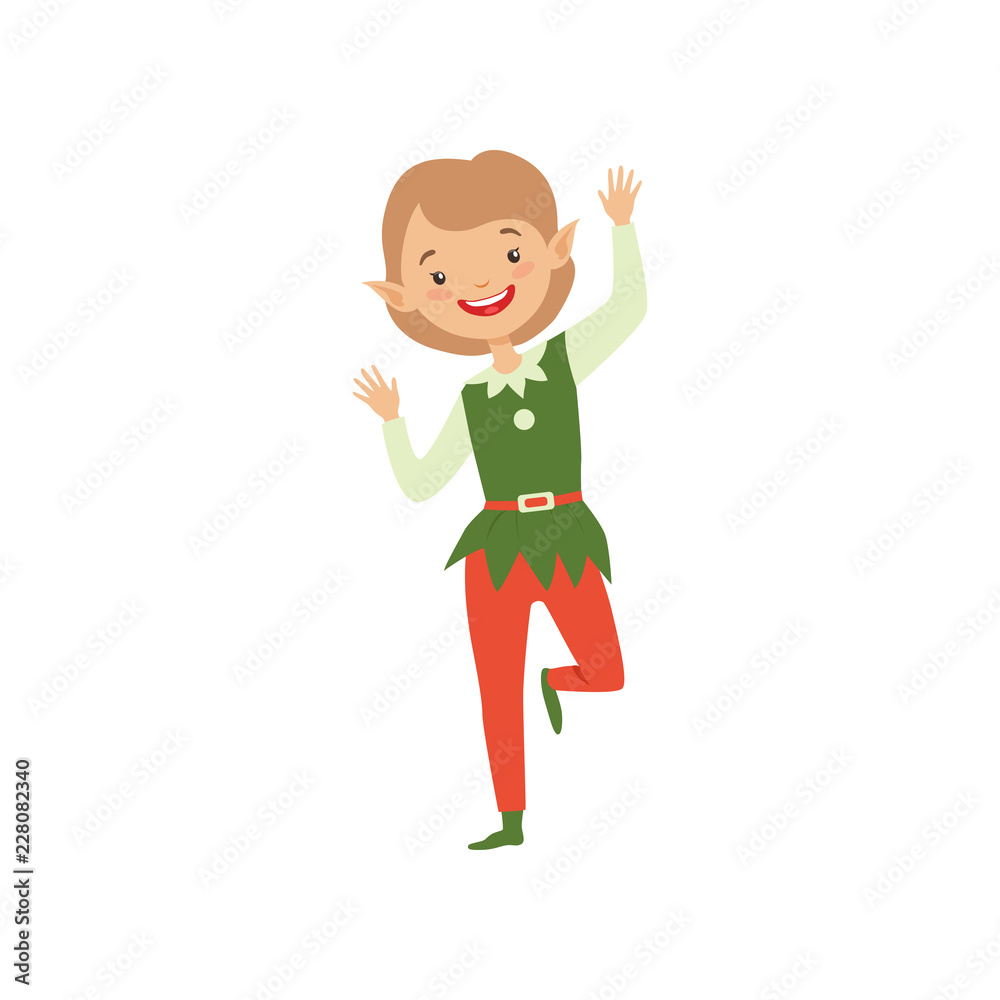 Cute playful boy in elf costume, little Santa Claus helper vector Illustration on a white background Cute playful boy in elf costume, little Santa Claus helper vector Illustration on a white background
