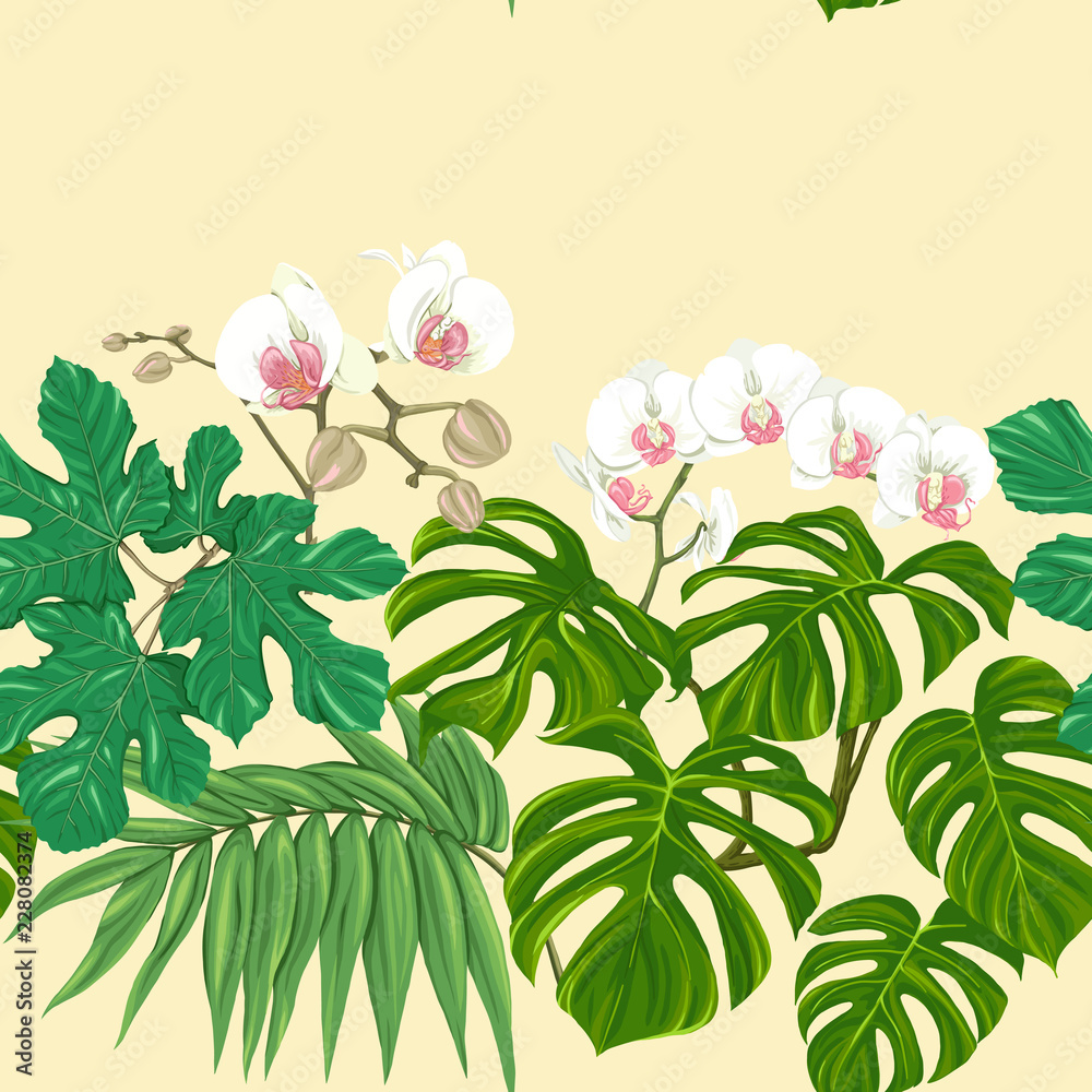 Seamless pattern, background. with tropical plants and flowers. Seamless pattern, background. with tropical plants and flowers.