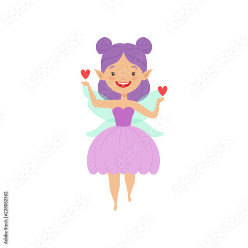 Cute beautiful little winged fairy, lovely girl with purple hair and lilac dress vector Illustration on a white background