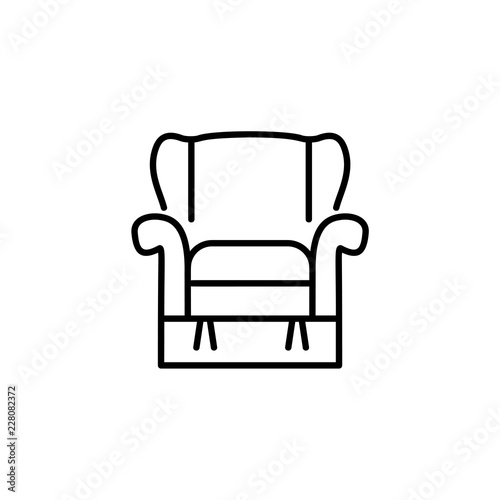 Black & white vector illustration of comfortable recliner armchair with high back. Line icon of arm chair seat. Upholstery furniture for living room & bedroom. Isolated on white background