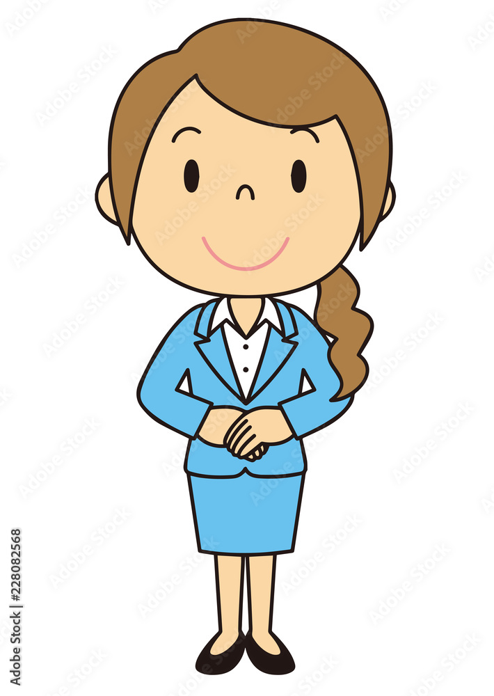 女性　OL　事務員　立ち姿　水色のスーツ