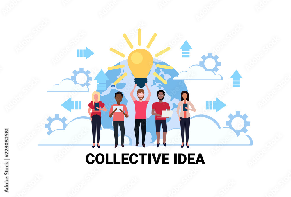 mix race business people brainstorming new collective idea concept light lamp creative innovation startup project successful teamwork strategy flat horizontal vector illustration mix race business people brainstorming new collective idea concept light lamp creative innovation startup project successful teamwork strategy flat horizontal vector illustration