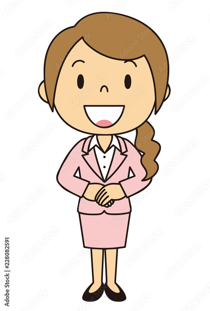 女性　OL　事務員　立ち姿　ピンクのスーツ