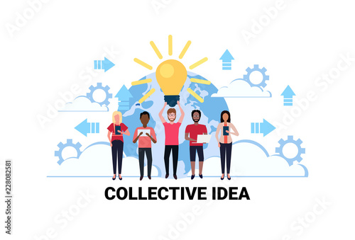 mix race business people brainstorming new collective idea concept light lamp creative innovation startup project successful teamwork strategy flat horizontal vector illustration