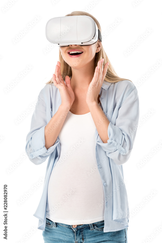 excited pregnant woman in vr headset isolated on white excited pregnant woman in vr headset isolated on white
