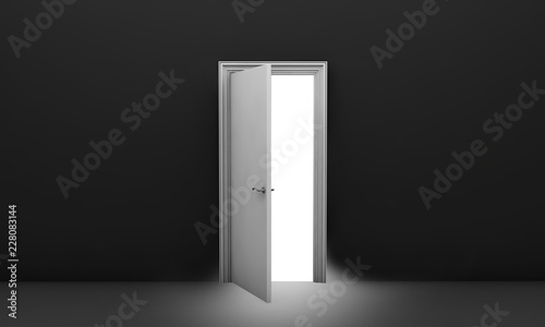 Open white door in a black empty room 3d render