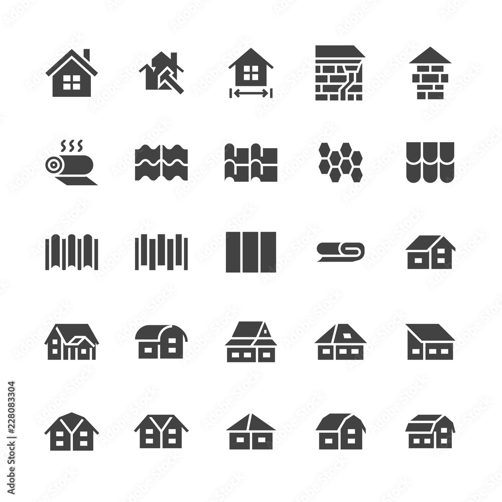 Roofing flat glyph icons. House construction, roof sheathing varieties, tile, chimney, insulation architecture illustrations. Signs for repair service. Solid silhouette pixel perfect 48x48.