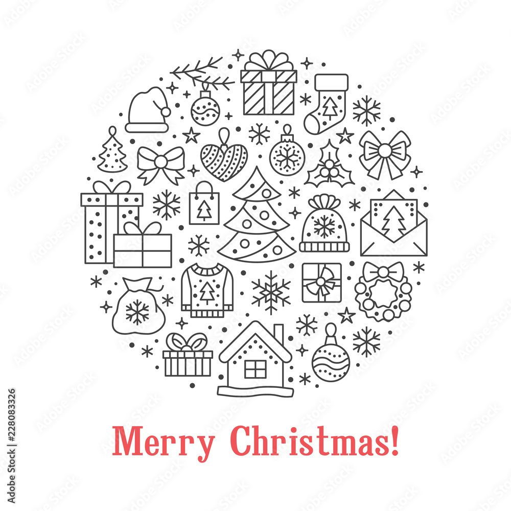Merry Christmas circle banner illustration with flat line icons. New Year greeting card pine tree, presents, gift boxes, bag, hat, decoration vector illustrations. Thin signs for round xmas poster.