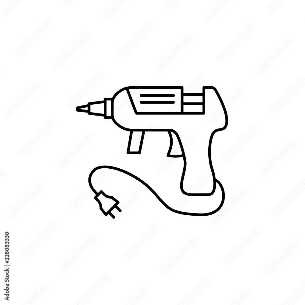 Black & white vector illustration of hot glue gun. Line icon of melt adhesive equipment for repair & diy projects. Isolated on white background.