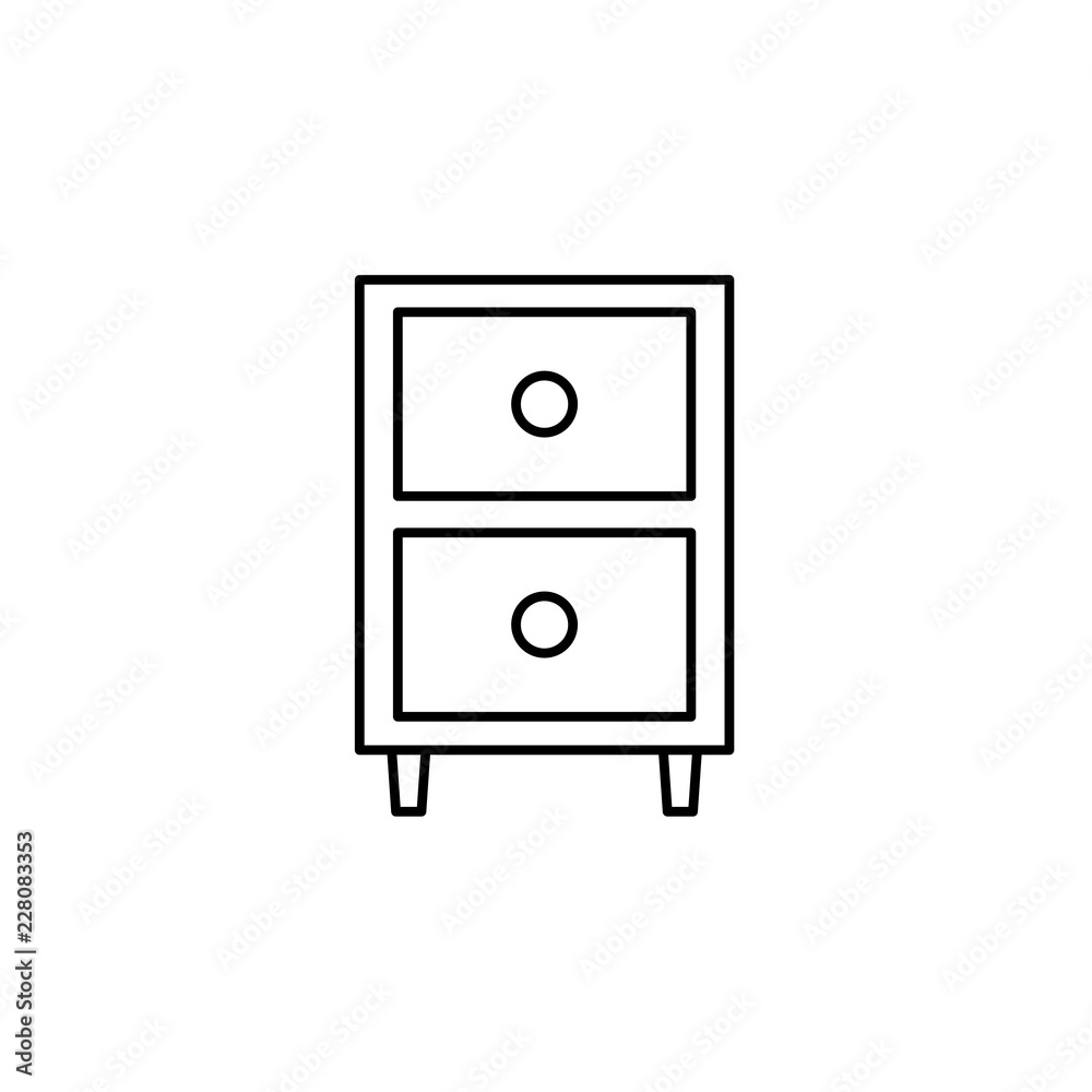 Black & white vector illustration of nightstand with 2 drawers. Line icon of night or bedside table. Isolated object on white background. Black & white vector illustration of nightstand with 2 drawers. Line icon of night or bedside table. Isolated object on white background.