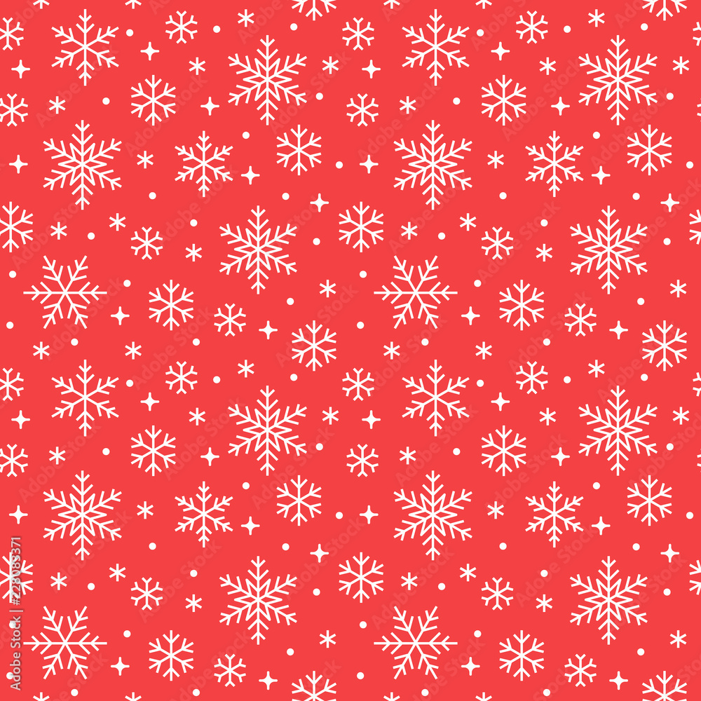 Seamless pattern with white snowflakes on red background. Flat line snowing icons, cute snow flakes repeat wallpaper. Nice element for christmas banner, wrapping. New year traditional ornament.