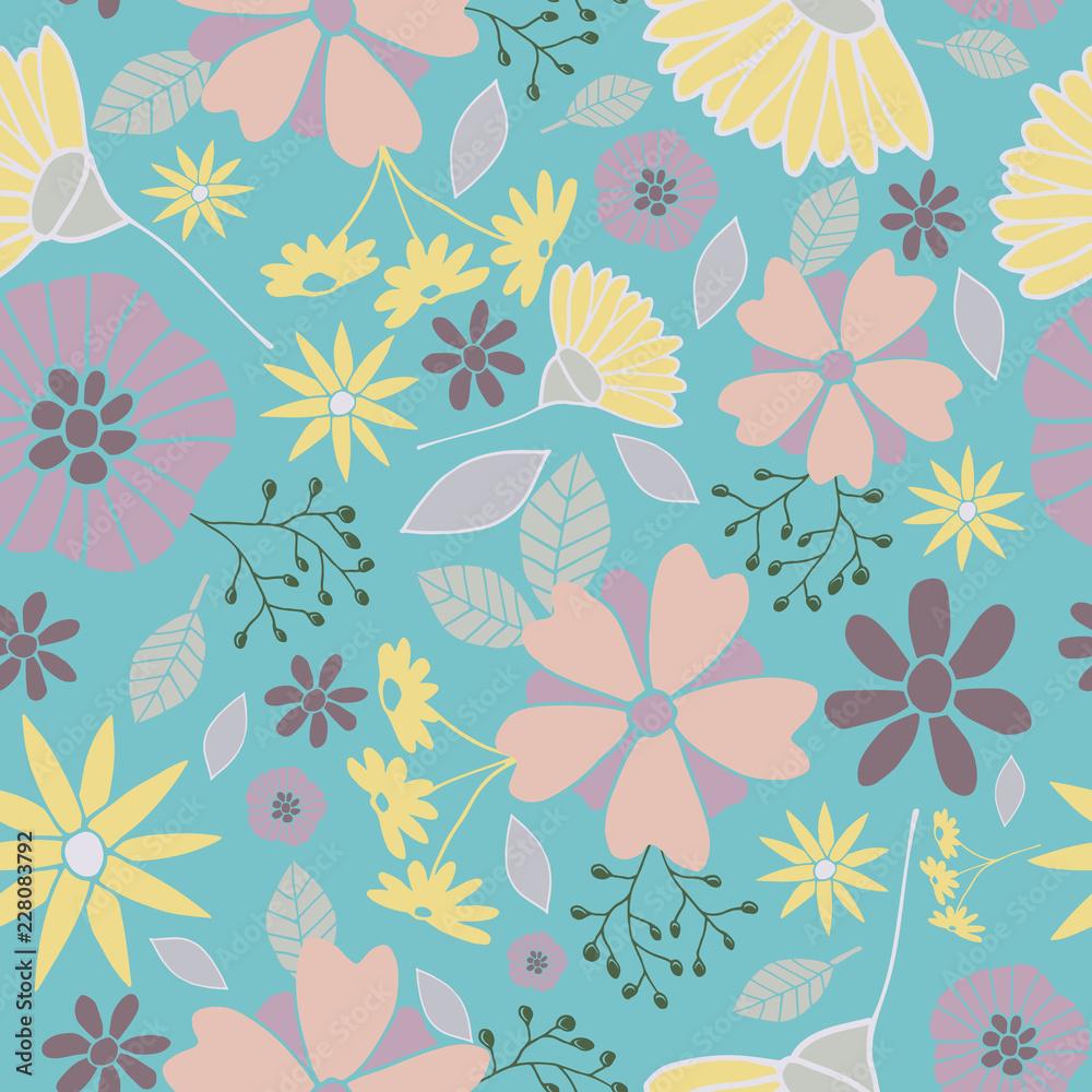 Fototapeta premium Vector Turquoise Happy Flowers Background Pattern Design. Perfect for fabric, wallpaper, stationery and scrapbooking projects