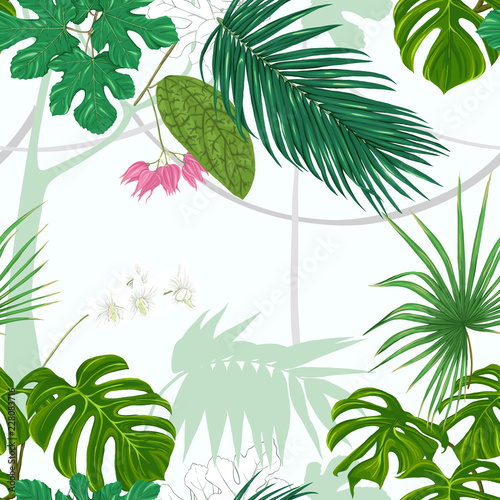 Seamless pattern, background. with tropical plants and flowers.