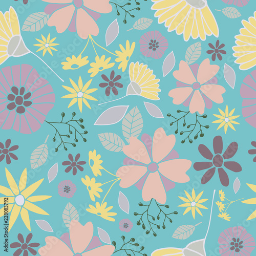 Vector Turquoise Happy Flowers Background Pattern Design. Perfect for fabric  wallpaper  stationery and scrapbooking projects