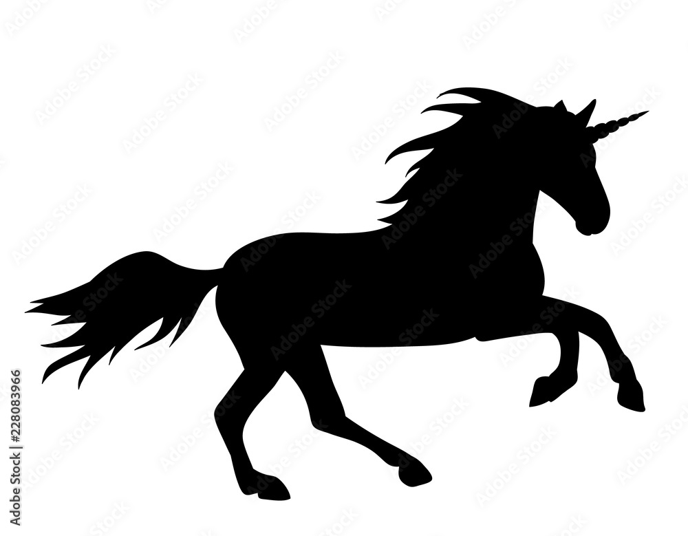 on white background, black silhouette of running unicorn